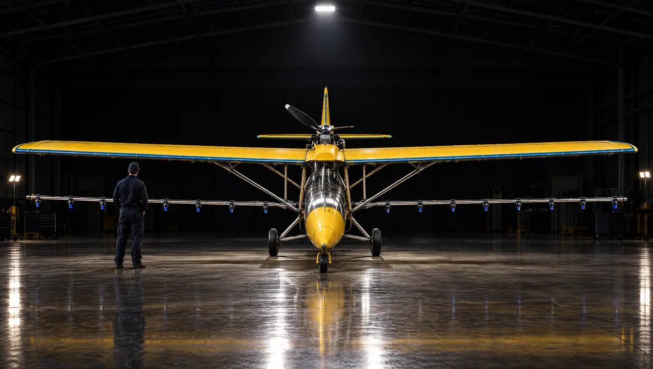 El Spray One de frente en el hangar, con las alas abiertas y la barra de fumigación de punta a punta