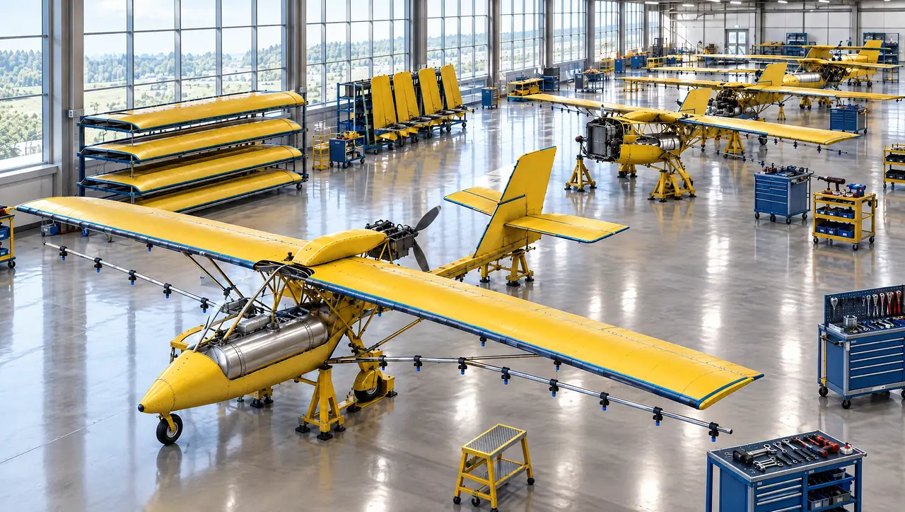 Línea de montaje con varios aviones Spray One en construcción dentro de un hangar moderno